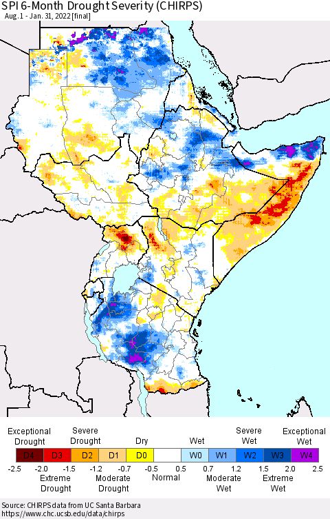 Eastern Africa SPI 6-Month Drought Severity (CHIRPS) Thematic Map For 8/1/2021 - 1/31/2022