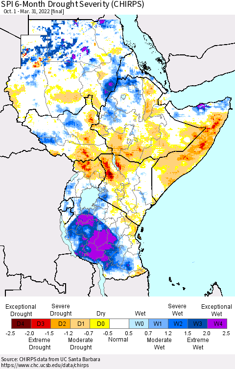 Eastern Africa SPI 6-Month Drought Severity (CHIRPS) Thematic Map For 10/1/2021 - 3/31/2022