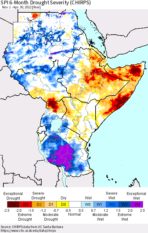 Eastern Africa SPI 6-Month Drought Severity (CHIRPS) Thematic Map For 11/1/2021 - 4/30/2022