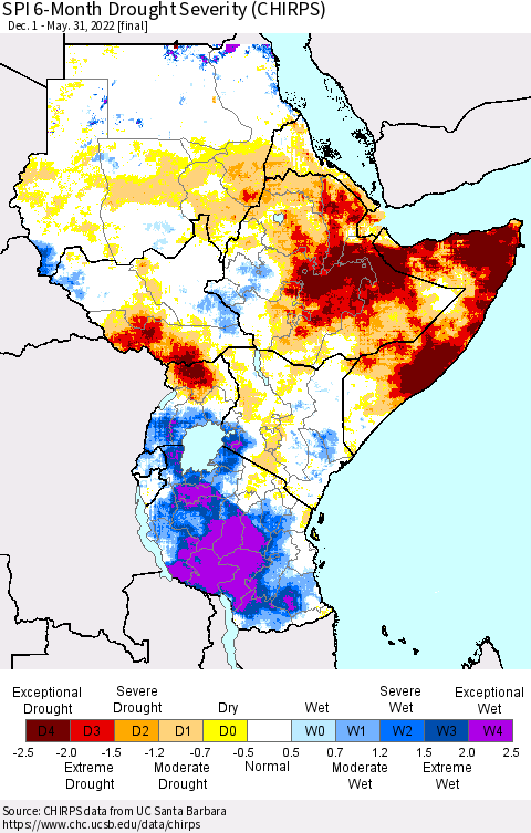 Eastern Africa SPI 6-Month Drought Severity (CHIRPS) Thematic Map For 12/1/2021 - 5/31/2022