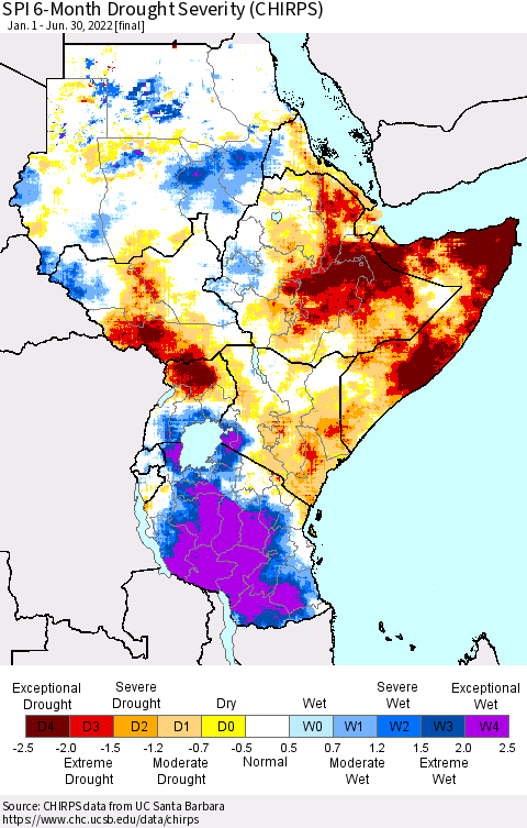 Eastern Africa SPI 6-Month Drought Severity (CHIRPS) Thematic Map For 1/1/2022 - 6/30/2022