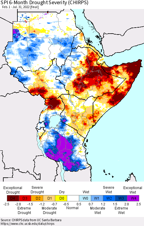 Eastern Africa SPI 6-Month Drought Severity (CHIRPS) Thematic Map For 2/1/2022 - 7/31/2022