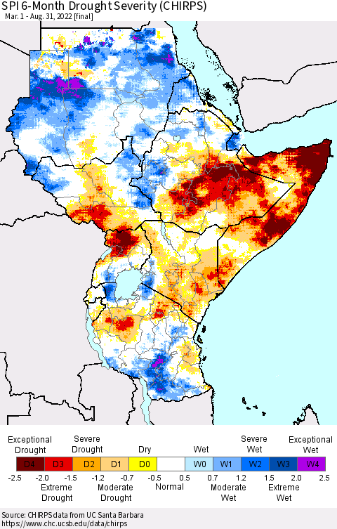Eastern Africa SPI 6-Month Drought Severity (CHIRPS) Thematic Map For 3/1/2022 - 8/31/2022