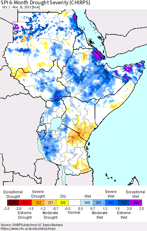 Eastern Africa SPI 6-Month Drought Severity (CHIRPS) Thematic Map For 10/1/2022 - 3/31/2023