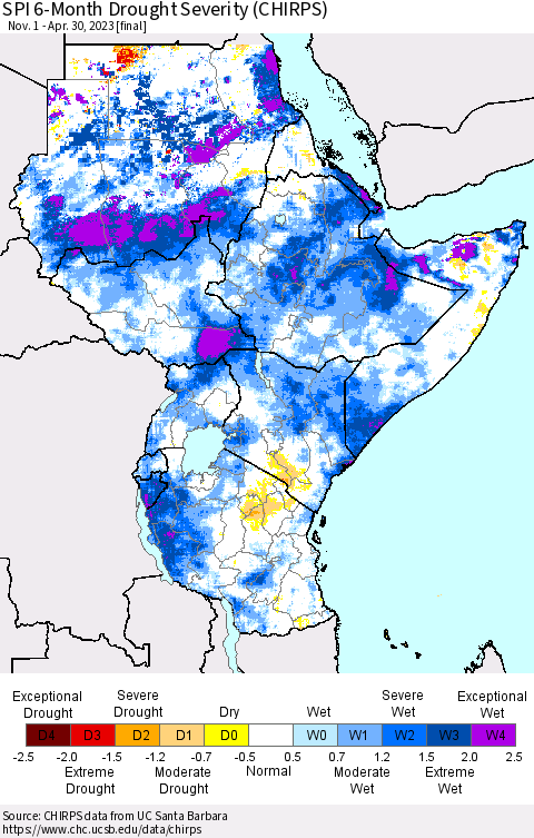 Eastern Africa SPI 6-Month Drought Severity (CHIRPS) Thematic Map For 11/1/2022 - 4/30/2023