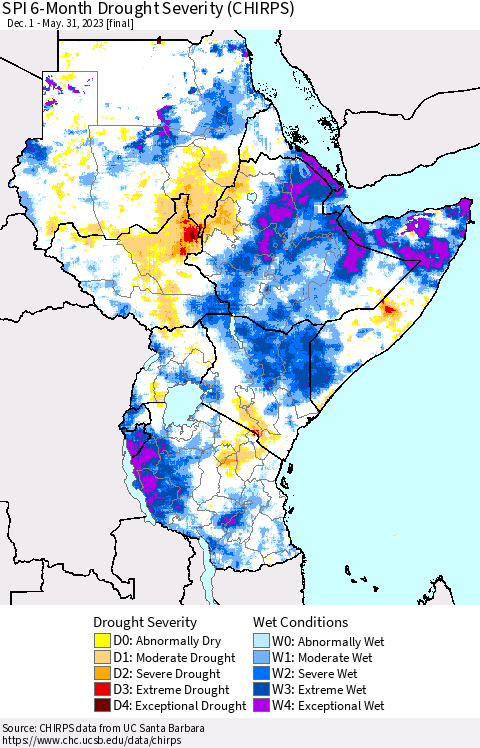 Eastern Africa SPI 6-Month Drought Severity (CHIRPS) Thematic Map For 12/1/2022 - 5/31/2023