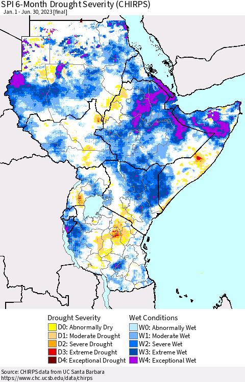 Eastern Africa SPI 6-Month Drought Severity (CHIRPS) Thematic Map For 1/1/2023 - 6/30/2023