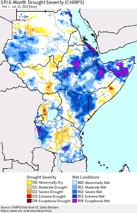 Eastern Africa SPI 6-Month Drought Severity (CHIRPS) Thematic Map For 2/1/2023 - 7/31/2023