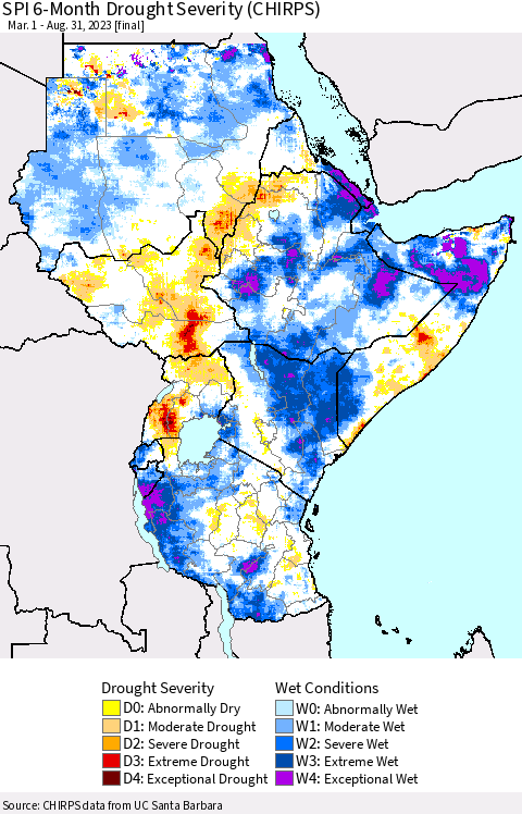 Eastern Africa SPI 6-Month Drought Severity (CHIRPS) Thematic Map For 3/1/2023 - 8/31/2023