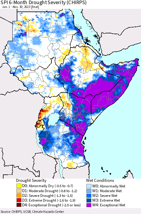 Eastern Africa SPI 6-Month Drought Severity (CHIRPS) Thematic Map For 6/1/2023 - 11/30/2023