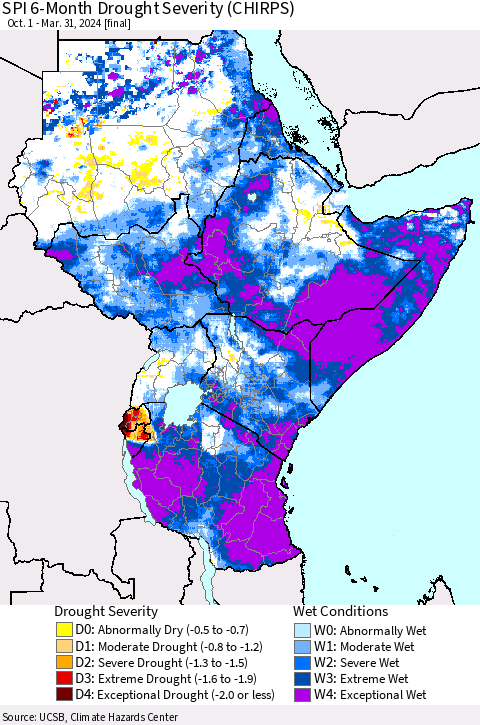 Eastern Africa SPI 6-Month Drought Severity (CHIRPS) Thematic Map For 10/1/2023 - 3/31/2024