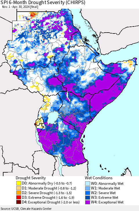 Eastern Africa SPI 6-Month Drought Severity (CHIRPS) Thematic Map For 11/1/2023 - 4/30/2024