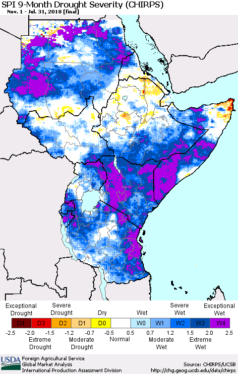 Eastern Africa SPI 9-Month Drought Severity (CHIRPS) Thematic Map For 11/1/2017 - 7/31/2018