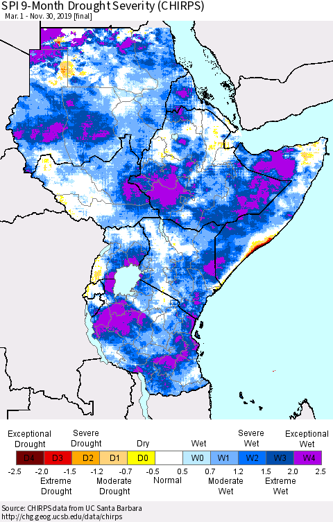 Eastern Africa SPI 9-Month Drought Severity (CHIRPS) Thematic Map For 3/1/2019 - 11/30/2019