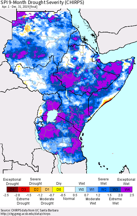 Eastern Africa SPI 9-Month Drought Severity (CHIRPS) Thematic Map For 4/1/2019 - 12/31/2019