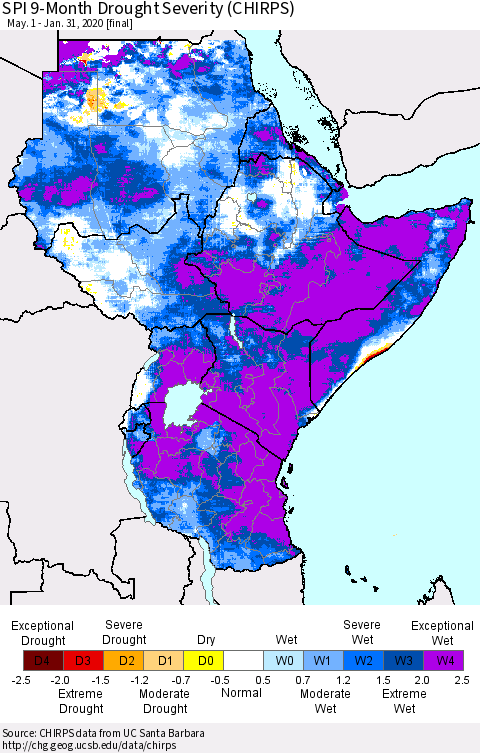 Eastern Africa SPI 9-Month Drought Severity (CHIRPS) Thematic Map For 5/1/2019 - 1/31/2020