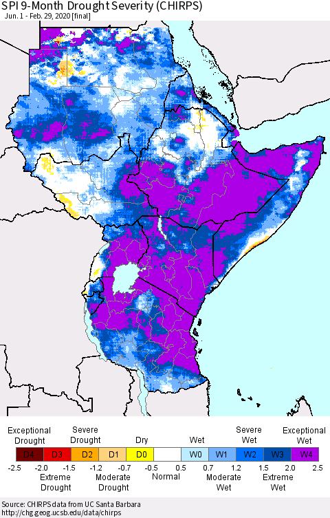 Eastern Africa SPI 9-Month Drought Severity (CHIRPS) Thematic Map For 6/1/2019 - 2/29/2020