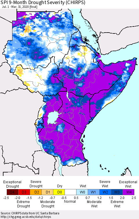 Eastern Africa SPI 9-Month Drought Severity (CHIRPS) Thematic Map For 7/1/2019 - 3/31/2020