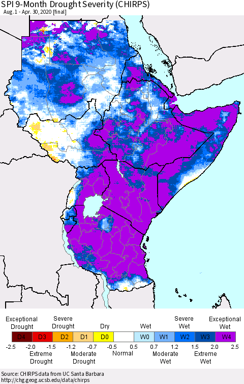 Eastern Africa SPI 9-Month Drought Severity (CHIRPS) Thematic Map For 8/1/2019 - 4/30/2020