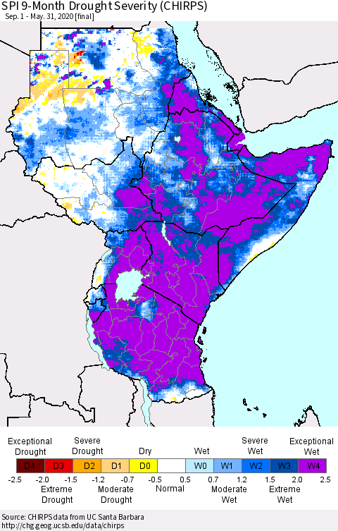 Eastern Africa SPI 9-Month Drought Severity (CHIRPS) Thematic Map For 9/1/2019 - 5/31/2020