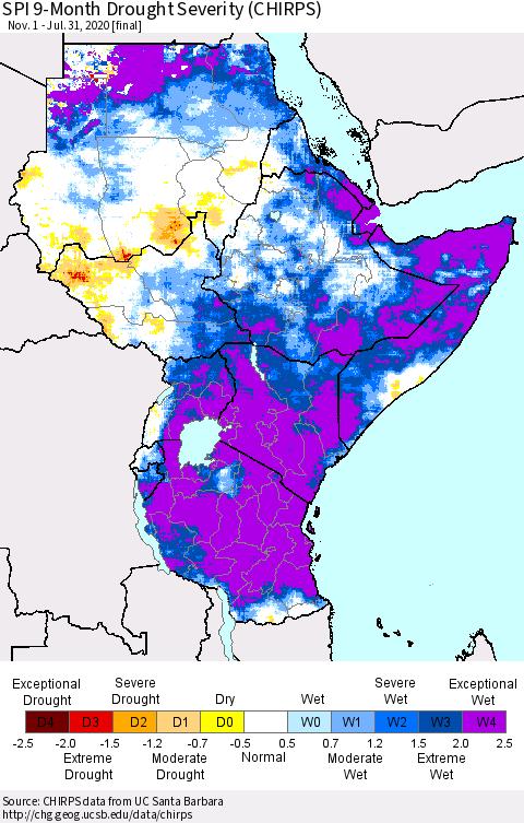 Eastern Africa SPI 9-Month Drought Severity (CHIRPS) Thematic Map For 11/1/2019 - 7/31/2020