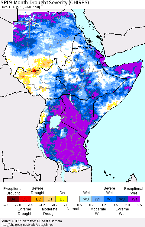 Eastern Africa SPI 9-Month Drought Severity (CHIRPS) Thematic Map For 12/1/2019 - 8/31/2020