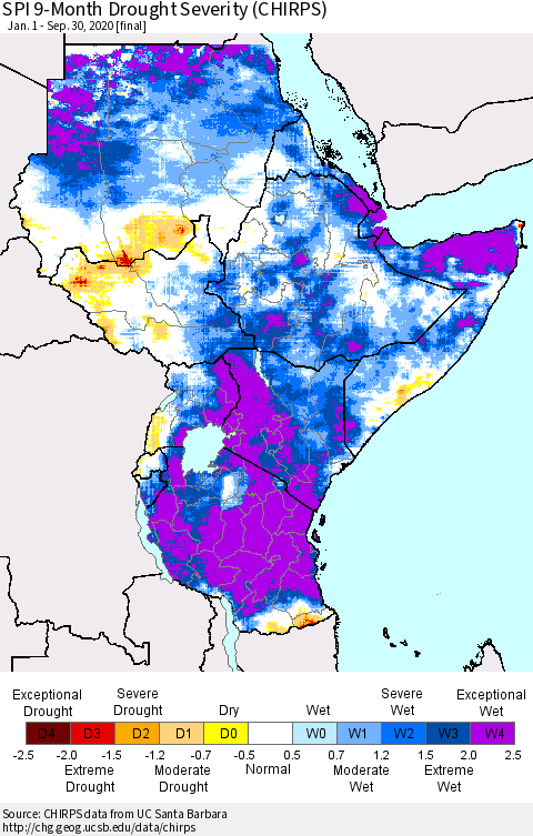 Eastern Africa SPI 9-Month Drought Severity (CHIRPS) Thematic Map For 1/1/2020 - 9/30/2020