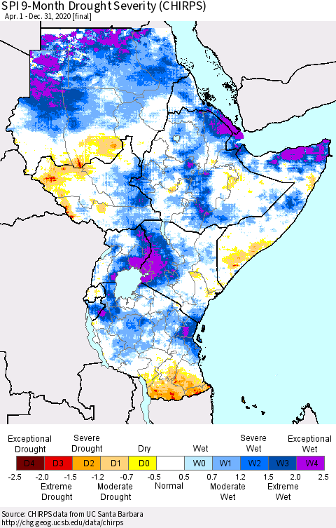 Eastern Africa SPI 9-Month Drought Severity (CHIRPS) Thematic Map For 4/1/2020 - 12/31/2020