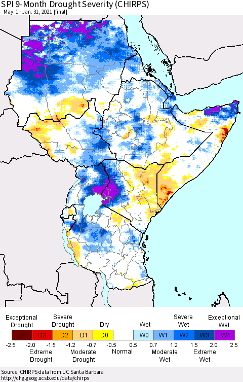 Eastern Africa SPI 9-Month Drought Severity (CHIRPS) Thematic Map For 5/1/2020 - 1/31/2021