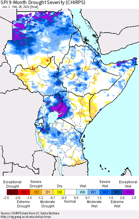 Eastern Africa SPI 9-Month Drought Severity (CHIRPS) Thematic Map For 6/1/2020 - 2/28/2021