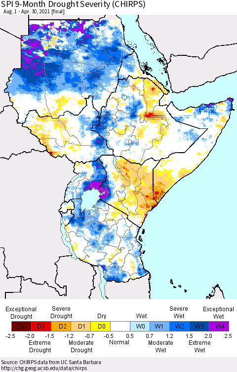 Eastern Africa SPI 9-Month Drought Severity (CHIRPS) Thematic Map For 8/1/2020 - 4/30/2021