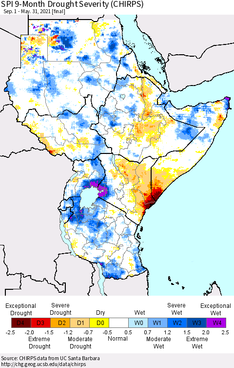 Eastern Africa SPI 9-Month Drought Severity (CHIRPS) Thematic Map For 9/1/2020 - 5/31/2021