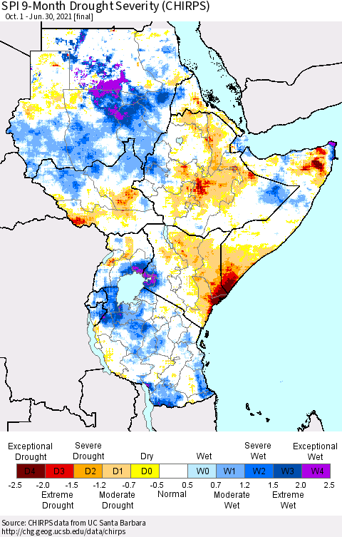 Eastern Africa SPI 9-Month Drought Severity (CHIRPS) Thematic Map For 10/1/2020 - 6/30/2021