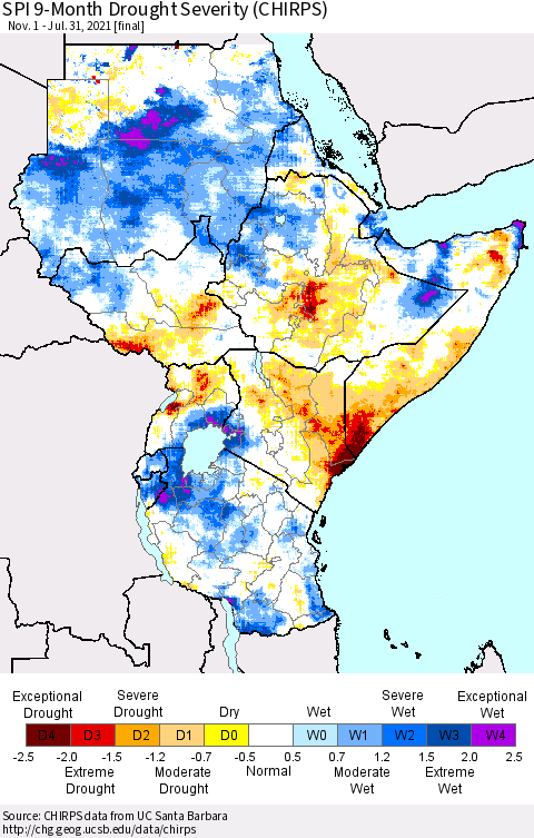 Eastern Africa SPI 9-Month Drought Severity (CHIRPS) Thematic Map For 11/1/2020 - 7/31/2021