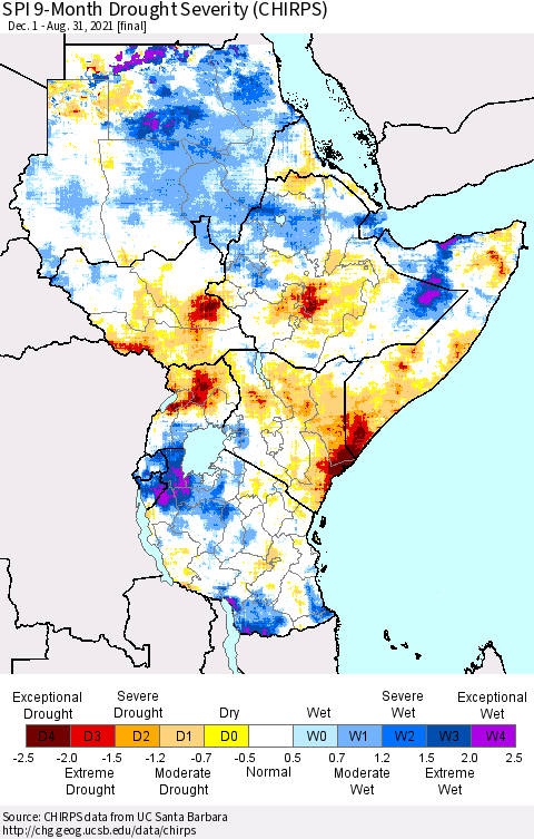 Eastern Africa SPI 9-Month Drought Severity (CHIRPS) Thematic Map For 12/1/2020 - 8/31/2021