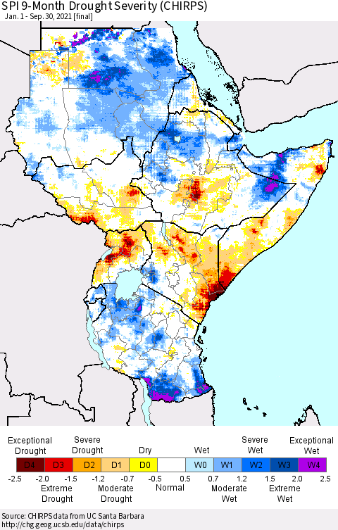 Eastern Africa SPI 9-Month Drought Severity (CHIRPS) Thematic Map For 1/1/2021 - 9/30/2021
