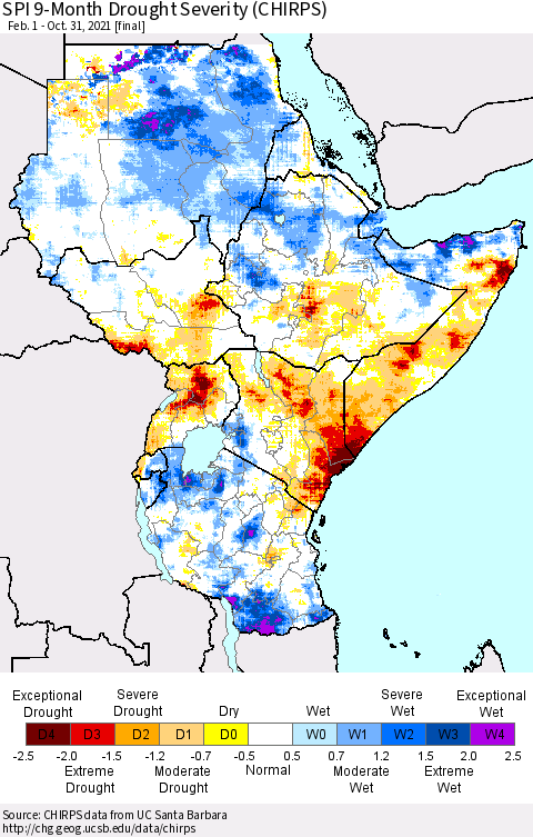 Eastern Africa SPI 9-Month Drought Severity (CHIRPS) Thematic Map For 2/1/2021 - 10/31/2021
