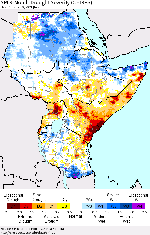Eastern Africa SPI 9-Month Drought Severity (CHIRPS) Thematic Map For 3/1/2021 - 11/30/2021