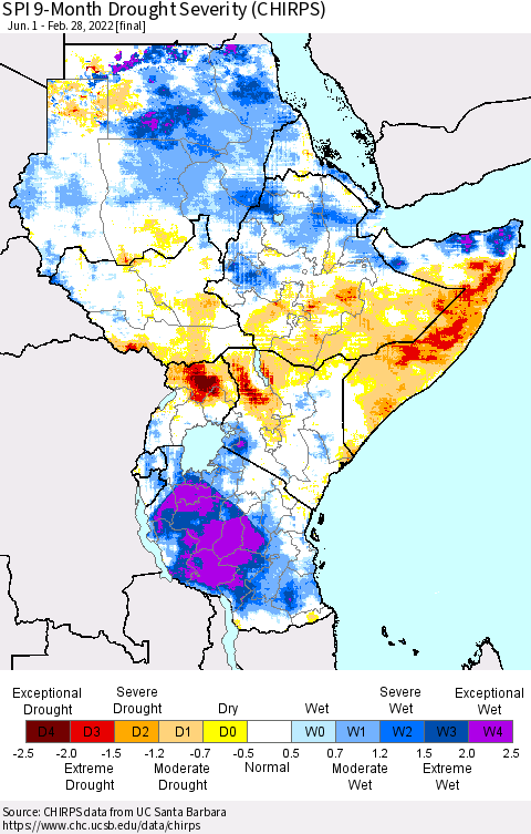 Eastern Africa SPI 9-Month Drought Severity (CHIRPS) Thematic Map For 6/1/2021 - 2/28/2022