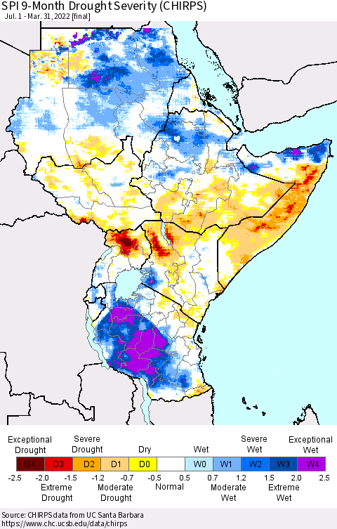 Eastern Africa SPI 9-Month Drought Severity (CHIRPS) Thematic Map For 7/1/2021 - 3/31/2022