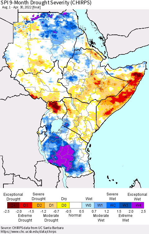 Eastern Africa SPI 9-Month Drought Severity (CHIRPS) Thematic Map For 8/1/2021 - 4/30/2022