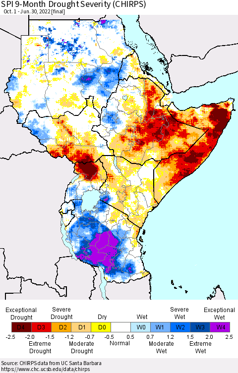 Eastern Africa SPI 9-Month Drought Severity (CHIRPS) Thematic Map For 10/1/2021 - 6/30/2022