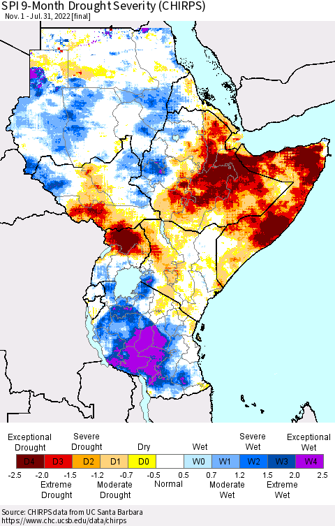 Eastern Africa SPI 9-Month Drought Severity (CHIRPS) Thematic Map For 11/1/2021 - 7/31/2022