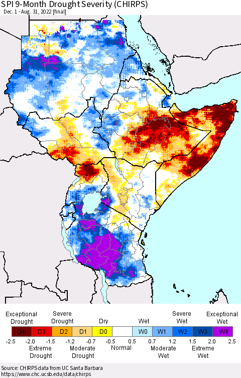 Eastern Africa SPI 9-Month Drought Severity (CHIRPS) Thematic Map For 12/1/2021 - 8/31/2022