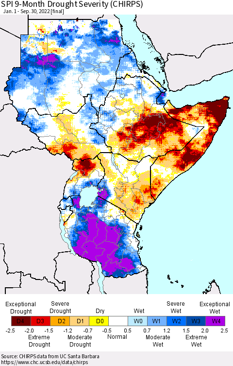 Eastern Africa SPI 9-Month Drought Severity (CHIRPS) Thematic Map For 1/1/2022 - 9/30/2022