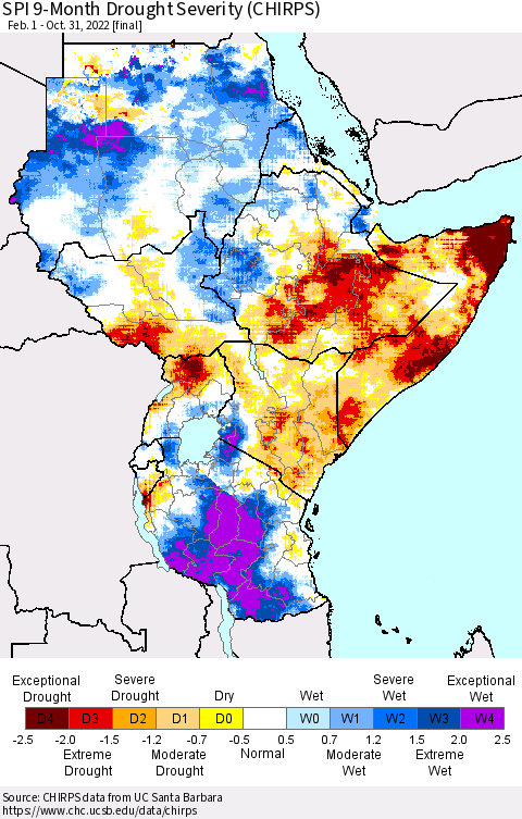 Eastern Africa SPI 9-Month Drought Severity (CHIRPS) Thematic Map For 2/1/2022 - 10/31/2022