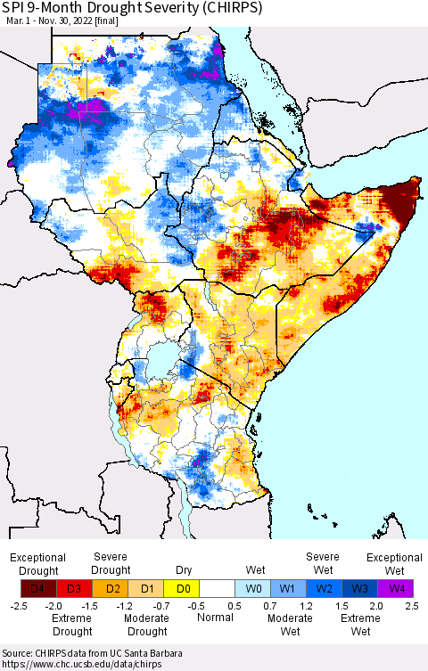Eastern Africa SPI 9-Month Drought Severity (CHIRPS) Thematic Map For 3/1/2022 - 11/30/2022