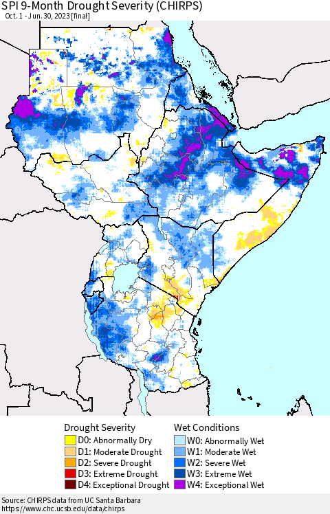 Eastern Africa SPI 9-Month Drought Severity (CHIRPS) Thematic Map For 10/1/2022 - 6/30/2023