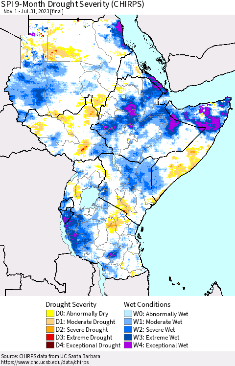 Eastern Africa SPI 9-Month Drought Severity (CHIRPS) Thematic Map For 11/1/2022 - 7/31/2023