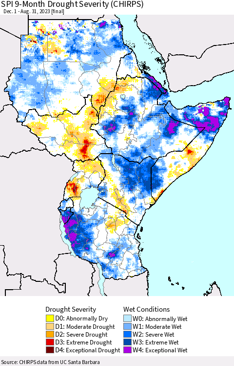 Eastern Africa SPI 9-Month Drought Severity (CHIRPS) Thematic Map For 12/1/2022 - 8/31/2023